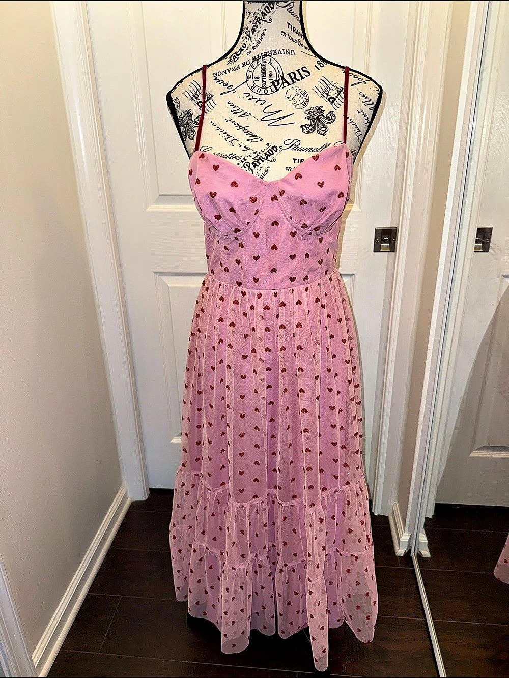 Betsey Johnson Metallic Heart Print Mesh Tulle Midi Dress Size 8